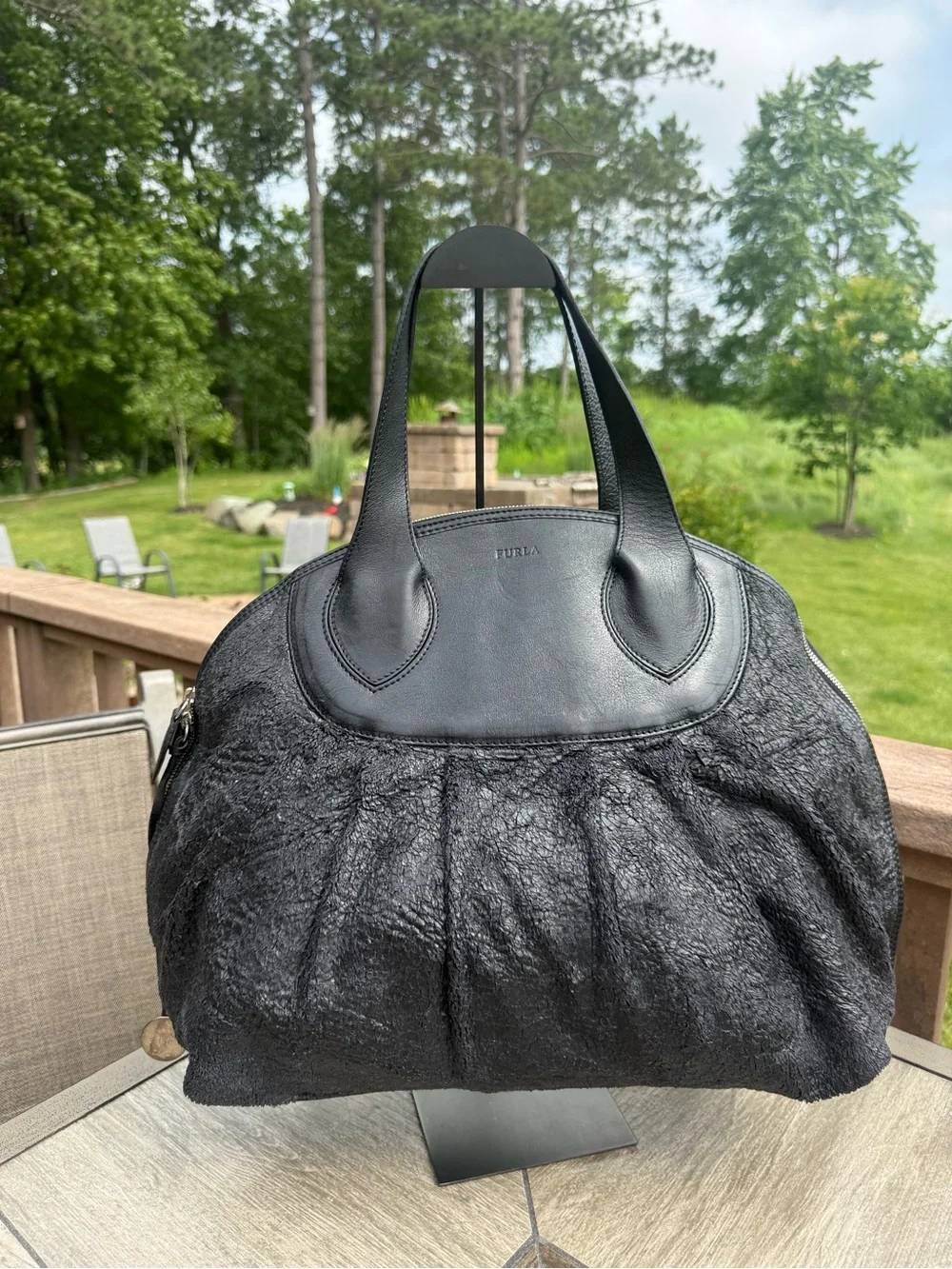 EUC Furla Black mixed-texture design Leather Satchel Rare Vintage Tote Bag - Picture 3 of 11